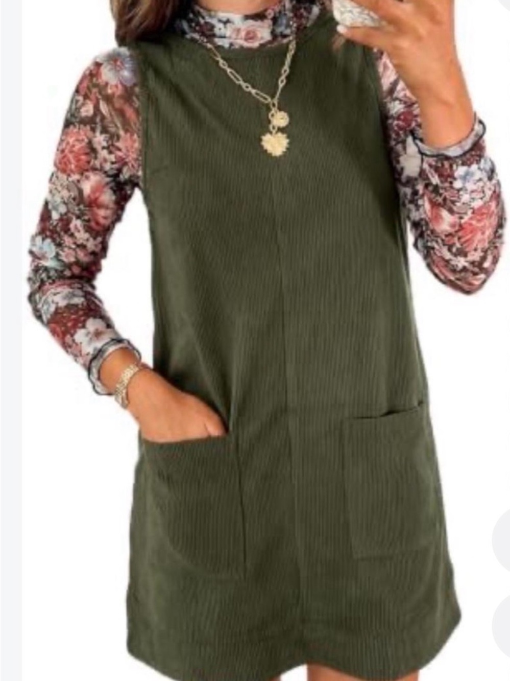 Boutique Size Medium Olive Green Sleeveless Pinafore Dress with Front Pockets